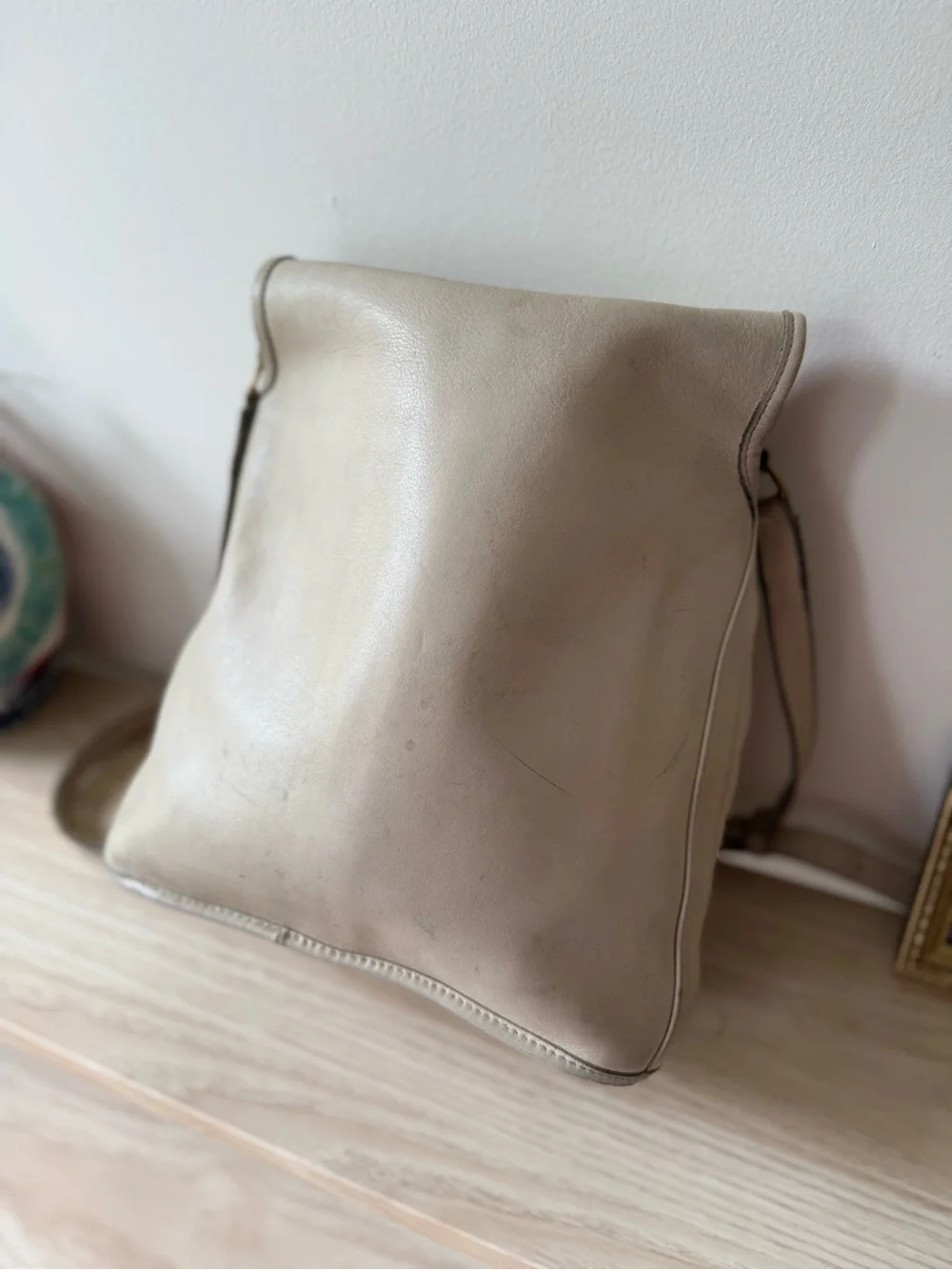 RARE Vintage 80s Coach NYC Cream Leather Bucket Bag with Drawstring and flap top